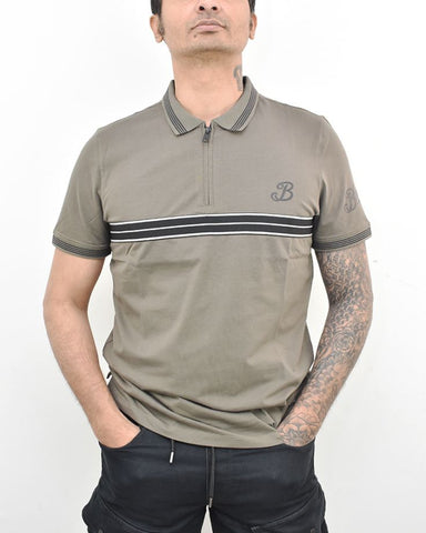 Mens Half Zip Polo with Chest Elastic Patch Combed Compact Cotton -Olive