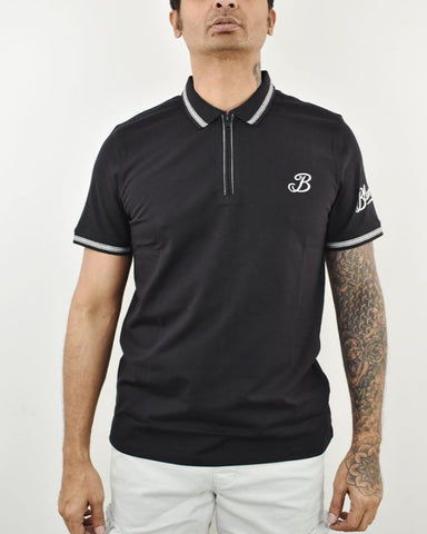 Mens Half Zip Polo with Chest Logo Printed Combed Compact Cotton -Black