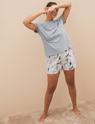 M&S Collection Pyjamas Cotton Rich Cat Print Short Pyjama Set