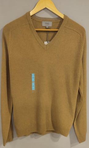 M&S Pure Extra Fine Lambswool V-Neck Camel Mix Jumper