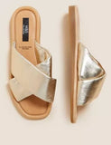 M&S Leather Flat Open Toe Sliders Golden
