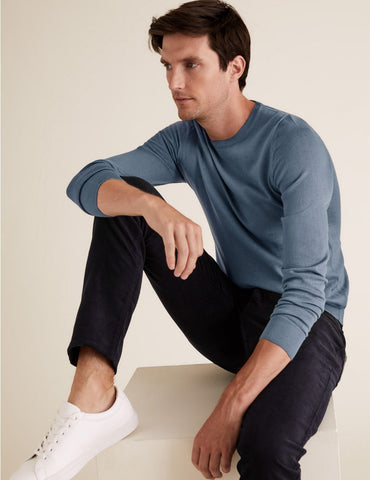 M&S Pure Extra Fine Merino Crew Neck Jumper Blue
