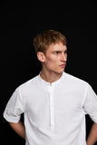 ZRA Mao Collar Linen Shirt With Sleeve Tabs