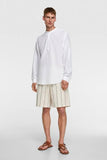 Linen Mao Collar Shirt With Sleeve Tabs By ZARA