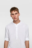 Linen Mao Collar Shirt With Sleeve Tabs By ZARA