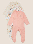 M&S 3pk Organic Cotton Printed Sleepsuits