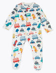 M&S 3 Pack Organic Cotton Car Print Sleepsuits
