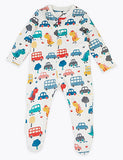 M&S 3 Pack Organic Cotton Car Print Sleepsuits