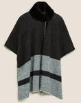 M&S Knitted Striped Faux Fur Collar Poncho
