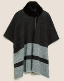 M&S Knitted Striped Faux Fur Collar Poncho