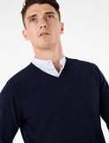 M&S 100% Extra Fine Lambswool V-Neck Sweater Navy Blue